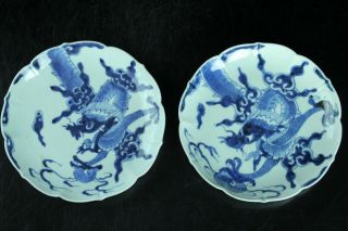 Oct125f Korean Blue White Porcelain Dragon Design 2 Plate Dish