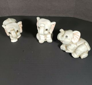 Vintage Set Of 3 Homco Porcelain Baby Elephant Figurines Trunk Up Luck