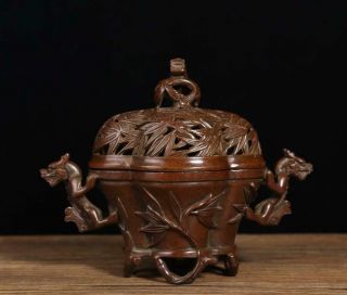 Old Chinese Bronze Incense Burner With Bamboo Mk H6.  5”