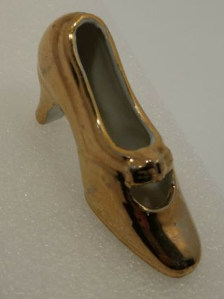 Ceramic Vintage Shoe/high Heel Figurine White/gold - Made In Japan L= 3”