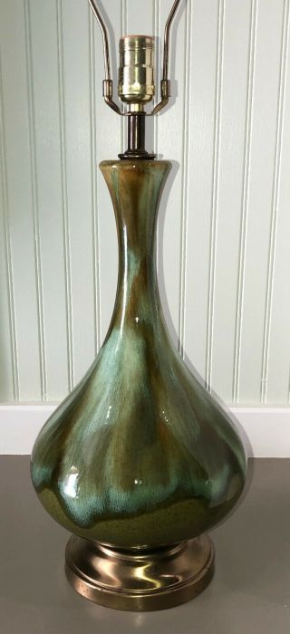 Vtg 1960s Mid Century Modern Drip Glaze Ceramic Art Groovy Green Mod Table Lamp