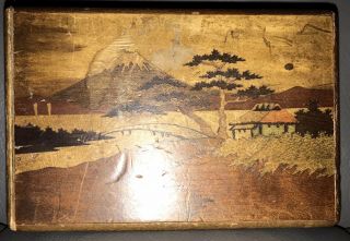 1900’s Inlaid Marquetry Japanese Puzzle Box Mount Fuji And Beetle