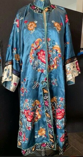 Antique Chinese Embroidered Silk Floral Robe Early 20th Century Blue Color