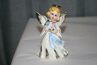Vintage June Angel Of The Month Figurine Holding Pink Blue Flowers Blue Sash