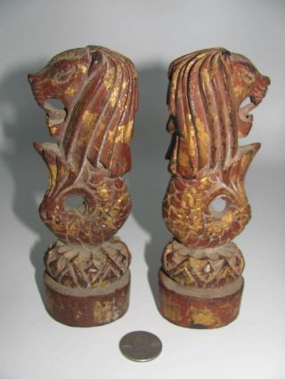 Antique Peranakan / Straits Chinese Carved Wood Lions / Merlions