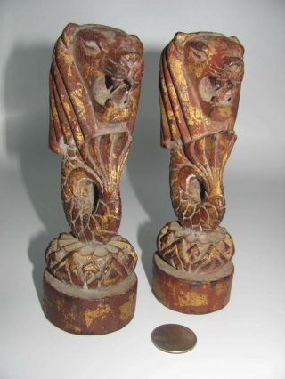 Antique Peranakan / Straits Chinese Carved Wood Lions / Merlions 2