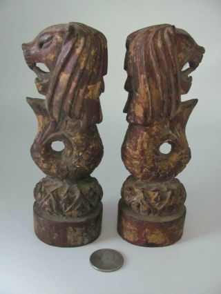 Antique Peranakan / Straits Chinese Carved Wood Lions / Merlions 3