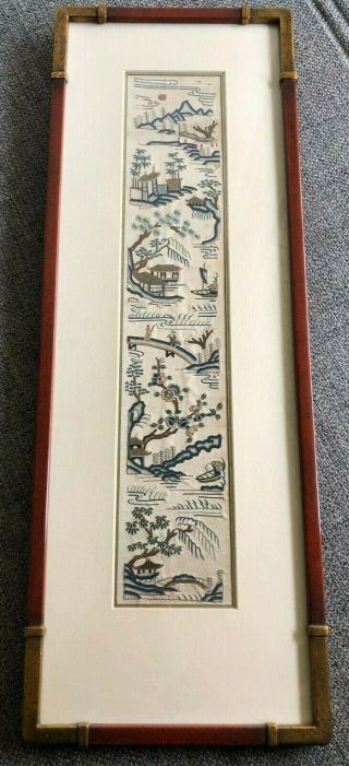 Antique Chinese Embroidered Silk Panel Sleeve With Figures And Custom Frame