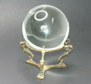 Crystal Ball On Dragon Stand Brass Base Suspended Bubble Clear Glass 5 " Vintage