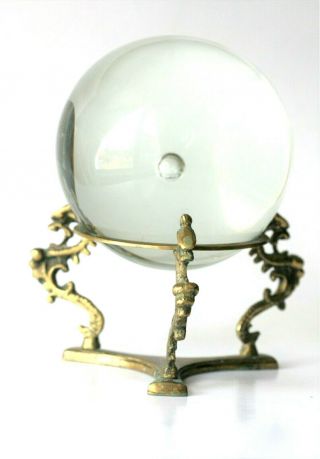 Crystal Ball on Dragon Stand Brass Base Suspended Bubble Clear Glass 5 