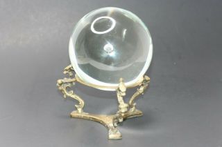 Crystal Ball on Dragon Stand Brass Base Suspended Bubble Clear Glass 5 
