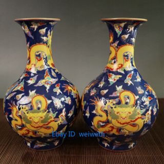 A Pair Chinese Cloisonne Porcelain Handwork Painting Dragon Vase W Yongzhen Mark