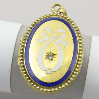 Antique Victorian 14k Gold Blue Enamel Bow Gypsy Diamond Locket Pendant
