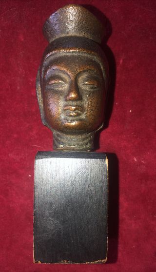 Vintage Thai Miniature Bronze Bust “buddha” Head Mounted Teak Block High Detail