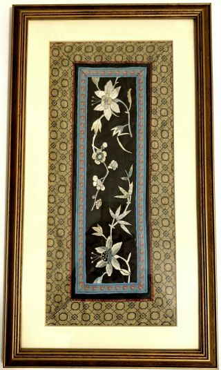 Antique Chinese Silk Embroidery Panel Floral Framed W Certif Of Antiquity 21x12