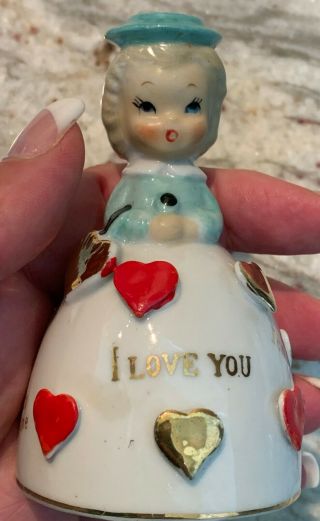 Vintage " I Love You " Porcelain Figurine Bell Girl In Green Bonnet German Italian