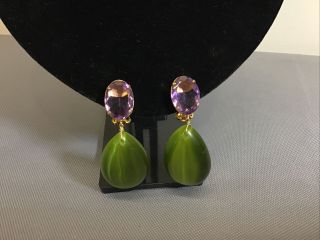 Vintage Bounkit Clip On Drop Earrings Purple Green Stones Signed