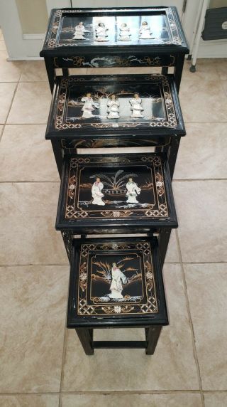 Black Laquer With Mother Of Pearl Inlaids Nesting Tables