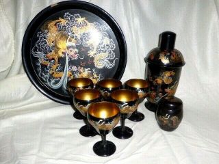 Stunning Antique Chinese Foochow Black Lacquer Hand Painted Dragon Cocktail Set