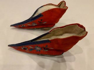 Childs Antique Chinese Red Silk Embroidered Bound Shoes