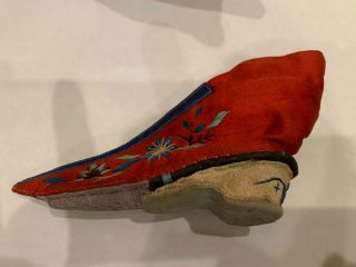 Childs Antique Chinese Red Silk Embroidered Bound Shoes 2