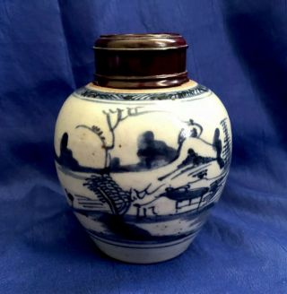 Antique 18th C.  Chinese Export Canton Blue & White Porcelain Lidded Ginger Jar
