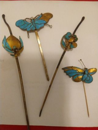 4 Antique Chinese Qing Dynasty 19th Century Kingfisher Feather Hair Pins