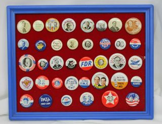 38 Vtg Political Campaign Buttons Pins Mounted Framed Lbj Fdr Kennedy Wilson,