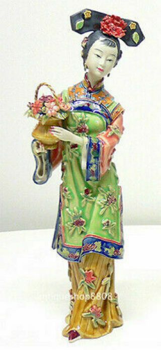 Chinese Lady - Shiwan Wucai Porcelain Ceramic Lady Belle Hold Flower Figurine