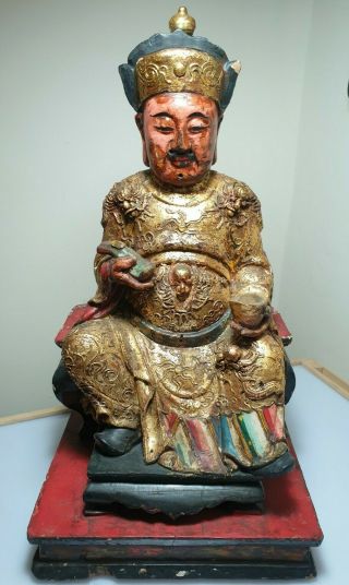 A Fine Qing Dynasty Gilt & Polychrome Lacquered Wood Figure Of An Emperor.
