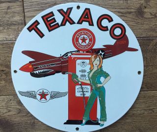 Vintage Texaco Aviation Gasoline Heavy Porcelain Sign 12”