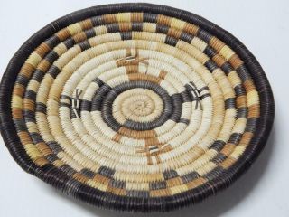 Pictorial Deer Dsgn Vintage Hopi Indian Coil Basket Plaque Tray - Xlnt Cond