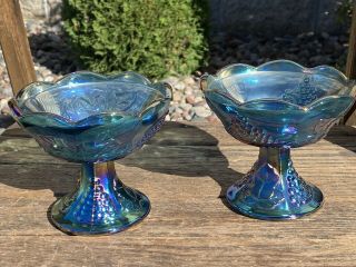 Pair Amethyst Blue Purple Grape Design Carnival Glass Candlestick Holders