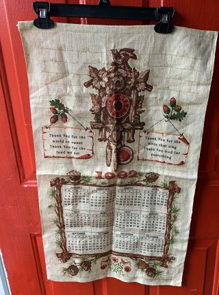Vintage 1962 Cuckoo Clock With The Red Birds Calendar Towel By Stevens