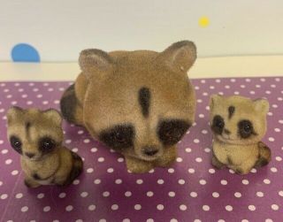 Vintage Joseph Originals Japan Flocked Fuzzy Raccoons Set Of 3 Mom & Babies
