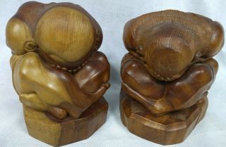 Set Of 2 Antique Hand Carved Wooden Weeping Buddha Statue Yogi Monk Crying Ball