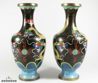 Antique Pair Chinese Cloisonne Enamel Dragon Vases 9.  5 "