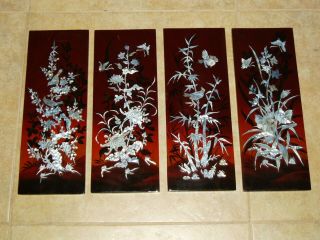 4 Vintage Black Lacquer Chinese Wall Art With Mother Of Pearl