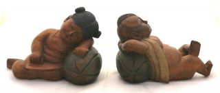Pair Antique Chinese Boy Girl Hand Carved Wood Statues Reclining On Watermelons