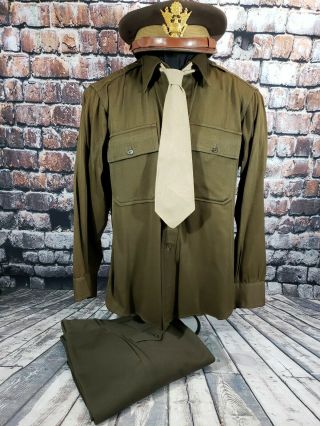 Vintage Wwii Us Army Officers Shirt,  Trousers,  Visor Cap And Tie