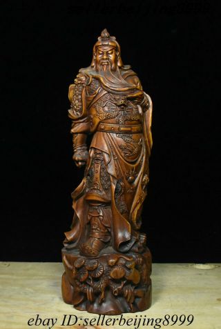 12 " Chinese Boxwood Wood Carving Dragon Rode Guan Gong Guan Yu Guan Er Ye Statue