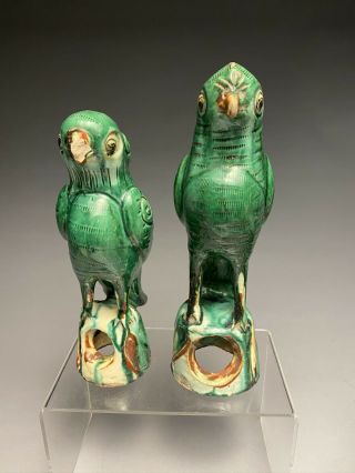 Two Green Chinese Antique Sancai Pottery Roof Tile Parrots Birds
