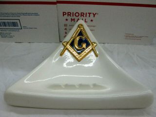 Vintage Freemason Masonic Ashtray White Gold Blue Ceramic Atlantic Mold