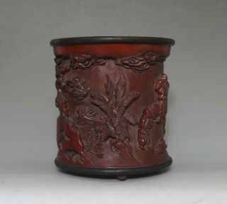 Signed Antique Chinese Carved Figures Bamboo Brush Pot