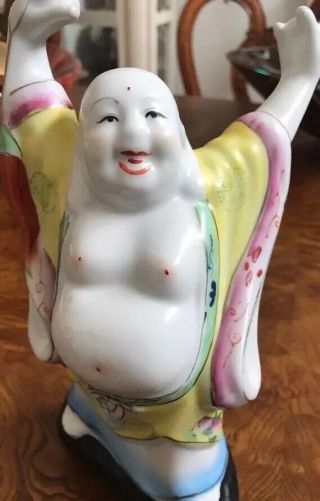 Antique Chinese Laughing Buddha 9” Statue Porcelain Sign/stamp Rub Luck Freeship