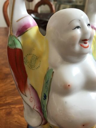 Antique Chinese Laughing Buddha 9” Statue Porcelain Sign/Stamp Rub Luck FreeShip 2