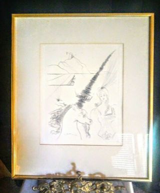 Vintage Salvador Dali Lady And The Unicorn Etching 9/73 - Framed