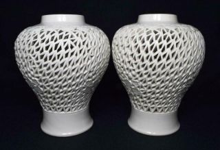 Antique Chinese Reticulated Porcelain Vase/lamp Base Pair C1900s