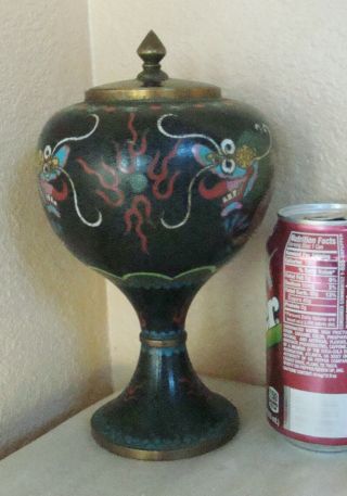 Old Black Chinese Cloisonne 5 Toe Dragons Lided Brass Jar Urn Vase 8.  5 " Lg