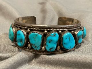 Vintage Sleeping Beauty Turquoise Sterling Silver Navajo Cuff Bracelet Signed